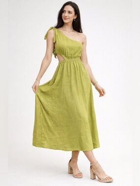 EB LUXE One Shoulder Green Midi Dress Cutout Tie Strap Linen Blend Size S